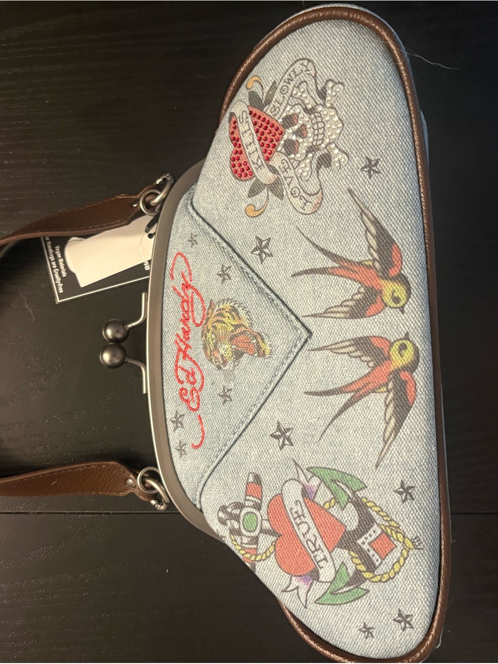 Ed Hardy Light Blue Denim Tattoo-Print Kiss-Lock Clutch